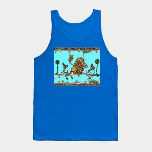 WEIRD MEDIEVAL BESTIARY MAKING MUSIC Violinist Lion,Hare,Snail Cat in Blue Turquoise Tank Top